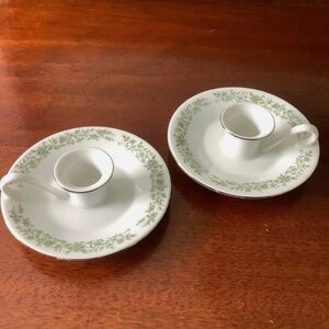 Pair of 2 Mikasa Montclair Green Floral Handled Candle Holders G9059 Silver Trim